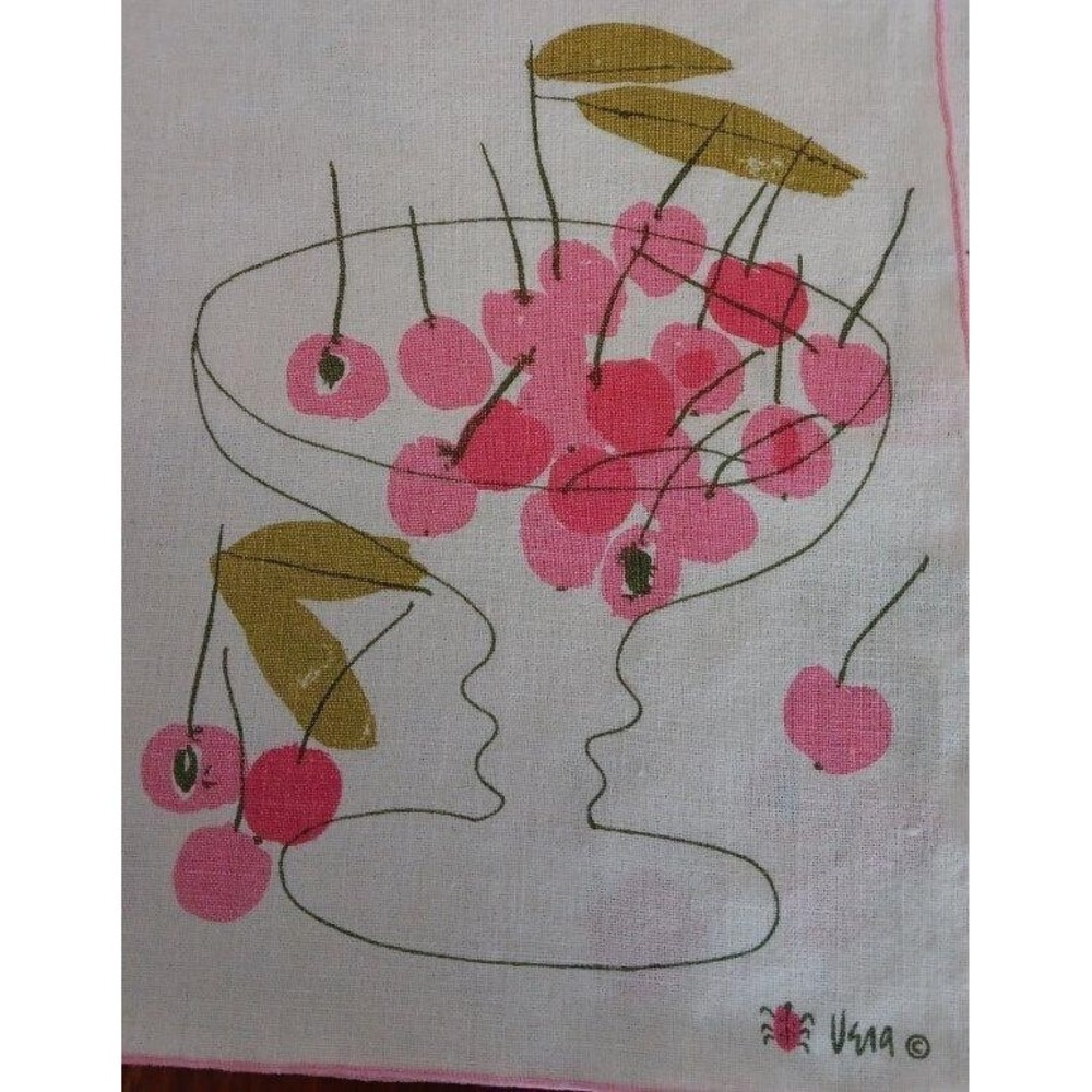 Vintage Set 4 Vera Placemats Pink Cherry Cocktail Glasses Cotton Print